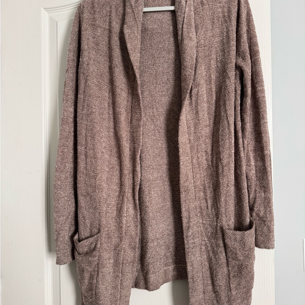 Barefoot Dreams CozyChic Lite Hooded Open Front Cardigan Taupe Brown Women’s L